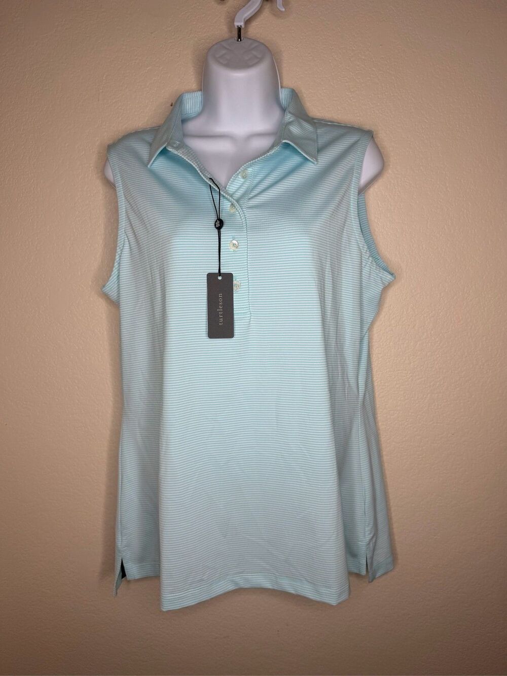 Turtleson Womens Sleeveless Golf Polo Shirt green White Striped sz L NEW NWT